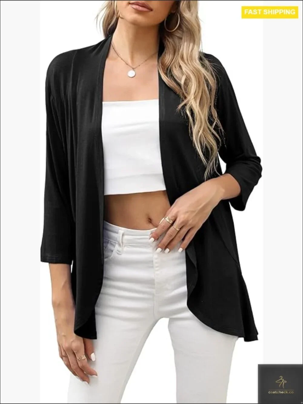 Lightweight Open Front Cardigan Soft Draped Ruffles 3/4 Sleeve